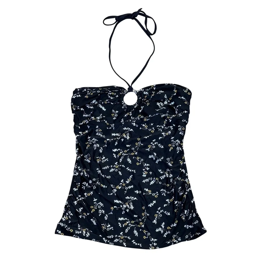 Michael‎ Kors Tankini Top Womens XS Black Floral Halter O-Ring